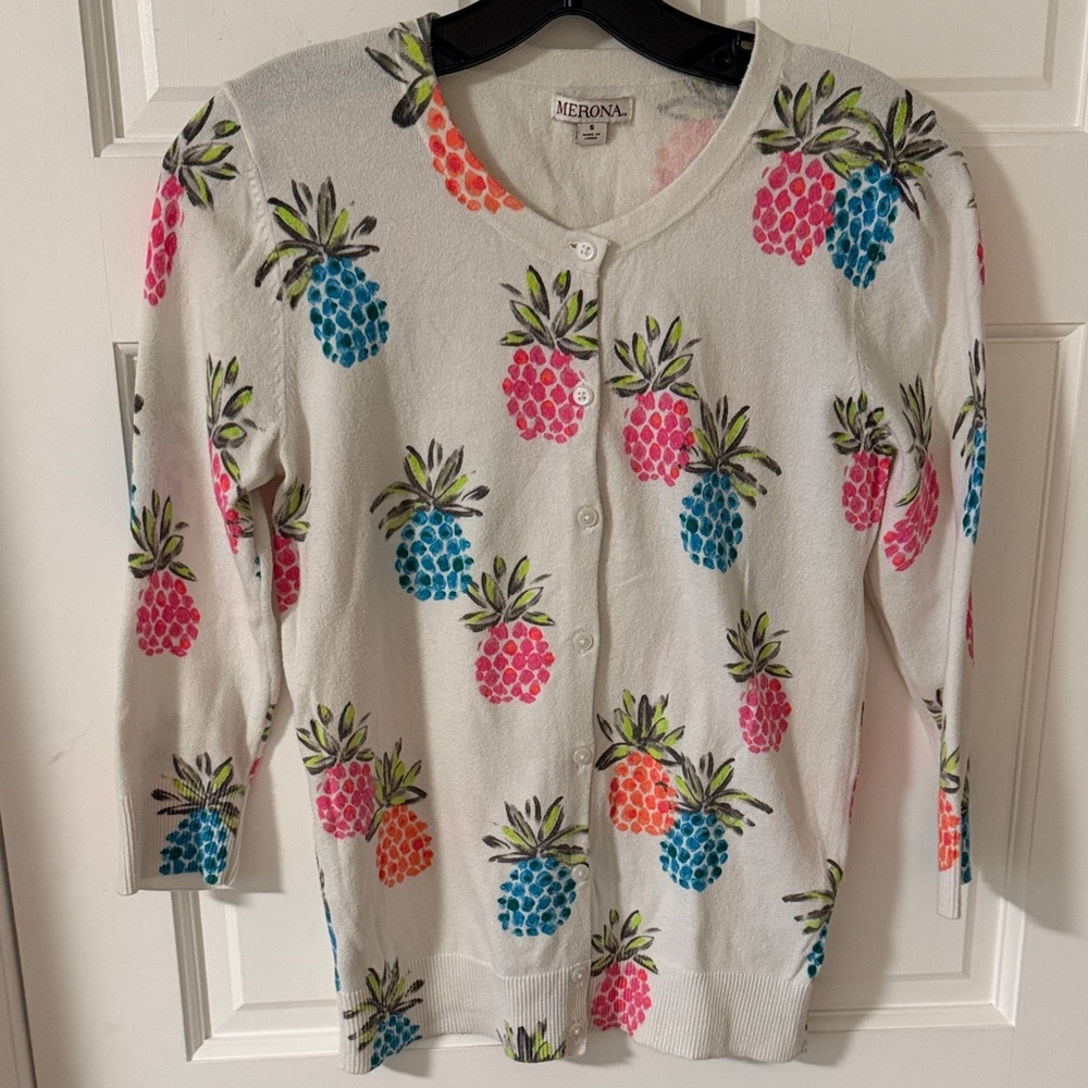 Merona Women’s Vibrant Pineapple Print Cardigan Playful 3/4 sleeve Size Small